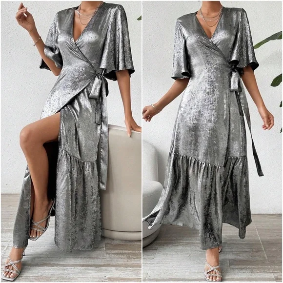 Luxe Metallic Flounce Sleeve Evening Formal Party Dress - Picture 1 of 3